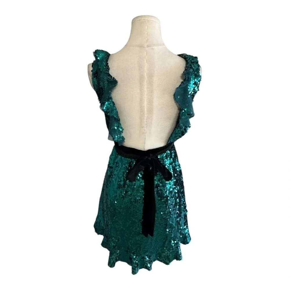 FREE PEOPLE‎ FP Green Sequin Siren Dress Mini Velvet Belt Size 8 Party Cocktail